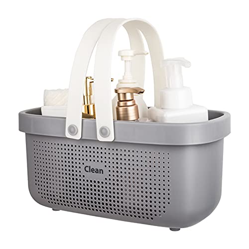 JiatuA Plastic Storage Basket with Handle Portable Shower Caddy Tote Organizer Basket Bin for Bathroom Kitchen Dorm Room Bedroom, Gray | Sturdy Drainage Large Capacity Organizer Basket with Silicone Handles for Bathroom Kitchen Bedroom College Dorm Essent