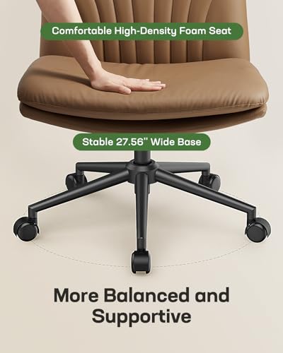 Marsail Armless-Office Desk Chair with Wheels: PU Leather Cross Legged Wide Chair,Comfortable Adjustable Swivel Computer Task Chairs for Home,Office,Make Up,Small Space,Bed Room, Brown - color: Brown