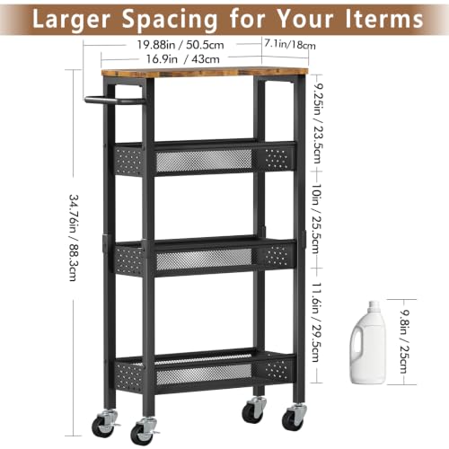 Slim Storage Cart with Wheels, 4 Tier Metal Rolling Organizer with Wood Top and Handle, Narrow Utility Shelf for Kitchen Bathroom Laundry Room, Black - color: Black-7.1inch