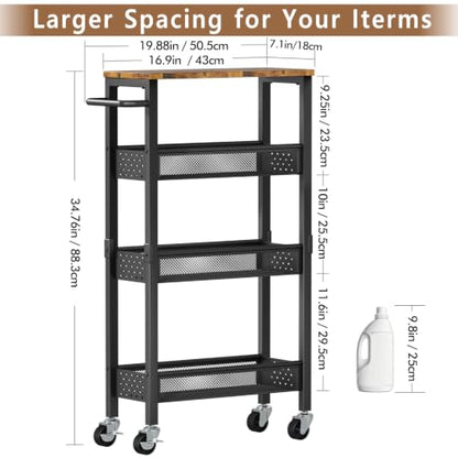 Slim Storage Cart with Wheels, 4 Tier Metal Rolling Organizer with Wood Top and Handle, Narrow Utility Shelf for Kitchen Bathroom Laundry Room, Black - color: Black-7.1inch