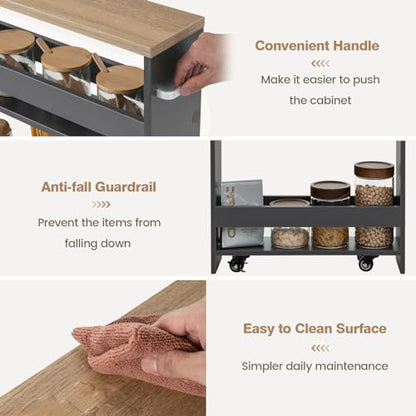 Slim Storage Cart, 4-Tier Rolling Cart with Handle & Wooden Top for Kitchen Bathroom Laundry Living Room Narrow Small Spaces, 5 Inches Width (Grey & Natural) - color: Grey & Natural