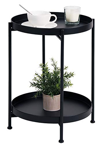 Black Round End Table, 2-Tier Metal Side Table, Accent Nightstand | Compact Footprint, Upper and Lower Surfaces Keep Lamps, Books and Decor Close Beside Sofas, Beds or Chairs - color: Teatable-black