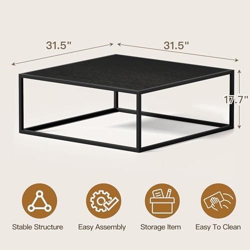 31.5" Square Coffee Table, Mid-Century Modern Black Center Table for Living Room, Floor Table for Sitting on The Floor, Wood Cocktail Tea Contemporary Tables with Metal Frame for Office Apartment Home - color: 31.5"d Square Black
