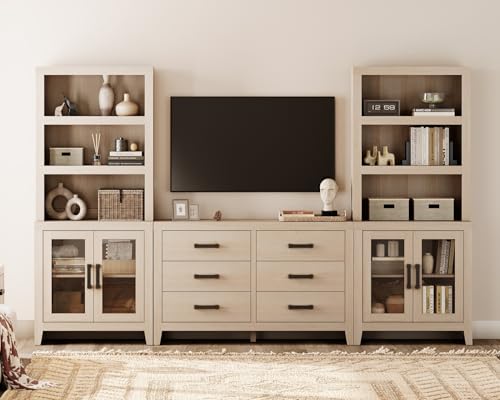 WAMPAT Farmhouse Entertainment Center with Bookshelves, TV Stand Set with Glass Doors & 6 Drawers, Wood Media Console for Living Room, Bedroom, Beige - color: Beige