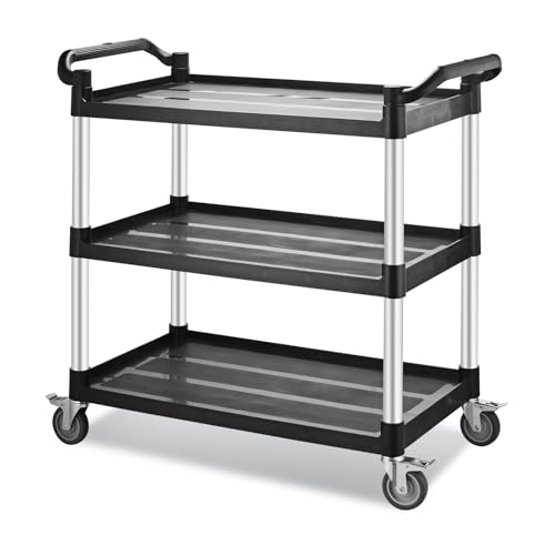 Utility Rolling Carts with Wheels, Large Plastic Service Carts, Heavy Duty Restaurant Cart with 4 Brake Lockable Wheels for Kitchen/Office/Warehouse (3 Tier-40.1×19.7×38.1inches/540lbs) - size: 3 Tier - 40.1×19.7×38.1inches / 540lbs