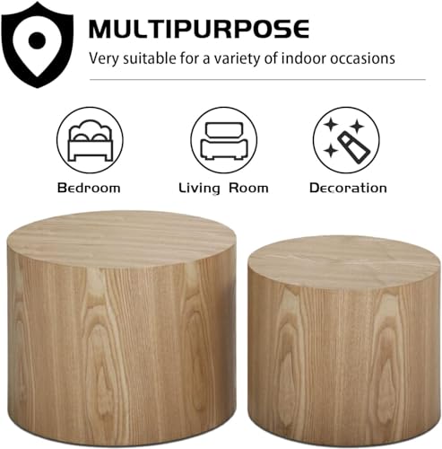 Nesting Coffee Table Set of 2, Modern Round Coffee Table with Non-Slip Feet, Oak Wooden Circle Accent Tables for Small Spaces Living Room Bedroom Balcony Office Drum Side Table - color: Oak