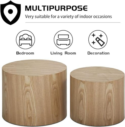 Nesting Coffee Table Set of 2, Modern Round Coffee Table with Non-Slip Feet, Oak Wooden Circle Accent Tables for Small Spaces Living Room Bedroom Balcony Office Drum Side Table - color: Oak