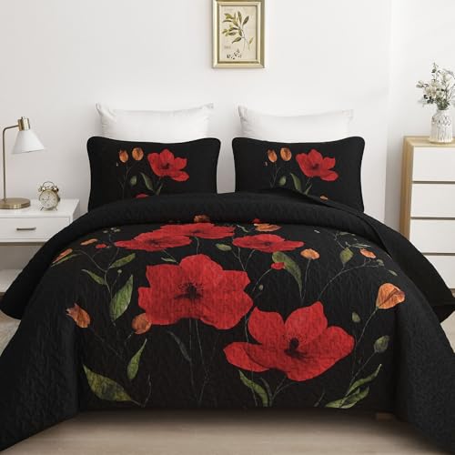 Mybedsoul Floral Quilt Set King Size, 3 Pieces Black Bedspread Coverlet Set, Lightweight Farmhouse Botanical Bedding Set for Fall Winter All Season(104"x90") - color: Black, size: King104"x90"