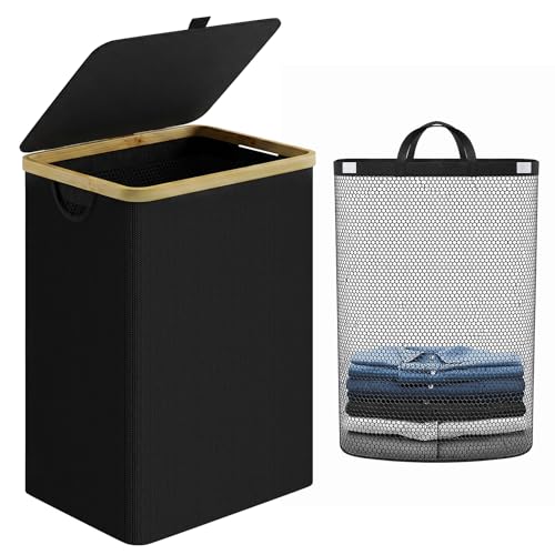 IEGrow Laundry Hamper with Lid,85L Laundry Basket with Mesh Bags,Black | Dirty Clothes Hamper Basket with Bamboo Handle for Clothes Towels - color: Black, size: 85L