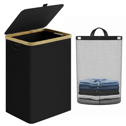 IEGrow Laundry Hamper with Lid,85L Laundry Basket with Mesh Bags,Black | Dirty Clothes Hamper Basket with Bamboo Handle for Clothes Towels - color: Black, size: 85L