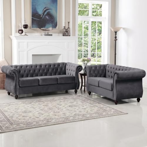 GDFStudio 82.6" Velvet Sofa Set, Modern Living Room Couch Set, Upholstered Sofa Loveseat Chair Set, Chesterfield with Button Tufted Back Rolled Arms Wood Tapered Feet for Apartment Living Room, Gray - color: Grey, size: 3+2+1 Seat