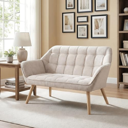 48”Small Loveseat Sofa, Modern Linen Upholstered Mini Couch 2-Seater Fluffy Love Seat with Quilting Backs and Wood Legs for Small Space Living Room, Bedroom, Beige - color: Oatmeal, size: Loveseat