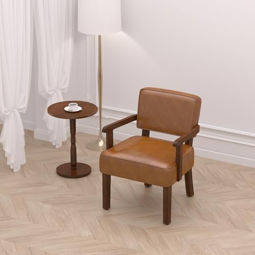 Faux Leather Accent Chair, Mid-Century Armchair with Wood Frame | Upholstered Living Room Chair, Comfy Reading Chair for Bedroom, Waiting Room, Home Office, Easy Assembly, Brown - color: Faux Leather Brown, size: One Chair