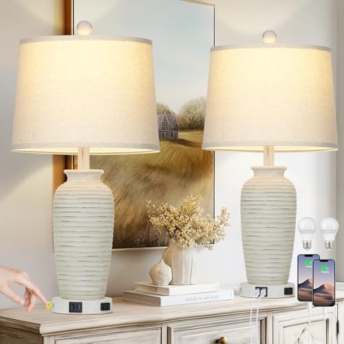 CINSARY 25" Retro White Farmhouse Jar Table Lamps Set of 2, 3 Way Touch Control Rustic Bedside Lamps with USB A+C Ports & AC Outlet, Pot Nightstand Lamps for Bedroom Living Room (LED Bulbs Included) - color: Retro White