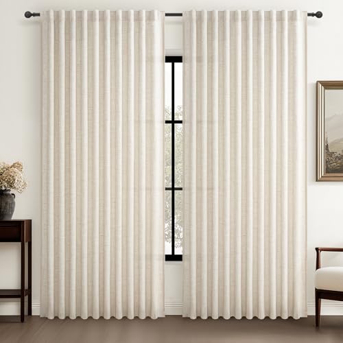 Birch 70 Inches Extra Wide Sheer Curtains Cream Linen Pleated Living Room 84 Inches Long, Neutral Textured Light Filtering Privacy Sliding Door Thick Drapes for Large Window (70"Wx84"Lx2 Panels Hooks) - color: Birch, size: 70"W x 84"L (Pack of 2)