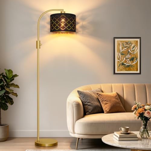 Nintiue Dimmable Floor Lamp, 1200 Lumens LED Edison Bulb Included, Arc Gold Floor Lamps for Living Room Modern Standing Lamp with Black Grid Shade - color: Gold - Black & Gold Shade