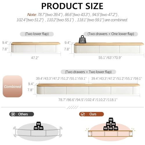 Floating TV Stand Wall Mounted Floating Entertainment Center 47-118 in with LED and Drawers & Cable Management, Modern Wood Media Console Under TV for Living Room Bedroom and Home(Wood White,94.5IN) - color: Wood White, size: 94.5IN