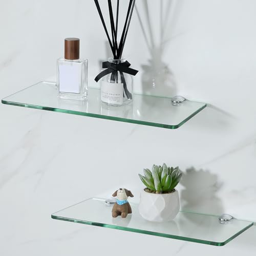 SAYAYO Glass Floating Shelves for Wall, Tempered Glass Shelves for Bathroom | Living Room, Bedroom, Office, Toilet, Kitchen Decor, 12 Inch Set of 2, Clear - color: Clear, size: 2 PCS