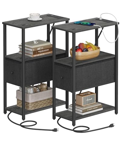 TUTOTAK Small Narrow End Table with Charging Station, Set of 2 | Side Table with Outlets, Nightstand with Cloth Drawer, Couch Table for Living Room, Bedroom, Bedside, Charcoal Grey TB01BY058 - color: Charcoal Grey, style: 1 Drawer & Plug