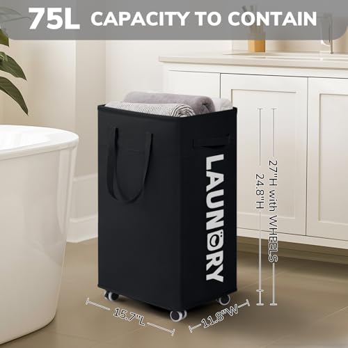 CHICVITA 75L Slim Rolling Laundry Basket with Wheels & Wash Bag, Black | Carry handle for easy moving to laundry room. Removable wash bag, slim design fits tight spaces - color: Black, size: 75L (15.7"L x 11.8"W x 24.8"H)