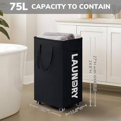 CHICVITA 75L Slim Rolling Laundry Basket with Wheels & Wash Bag, Black | Carry handle for easy moving to laundry room. Removable wash bag, slim design fits tight spaces - color: Black, size: 75L (15.7"L x 11.8"W x 24.8"H)