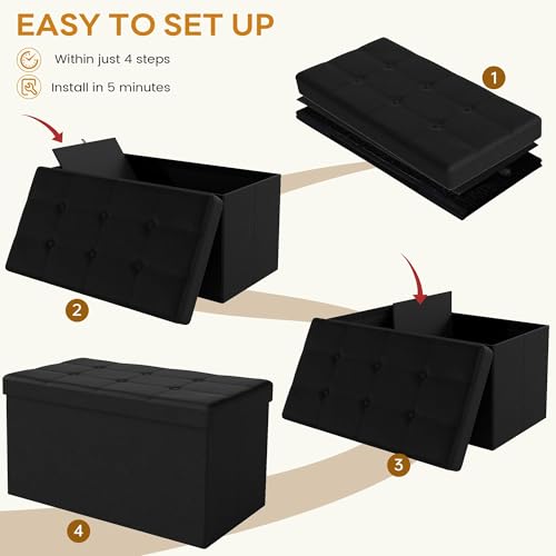 31.5" Folding Storage Ottoman Bench,Rectangle Foot Rest Stool for Living Room and Bedroom Holds 660 lbs,Synthetic Leather,Black - color: Black-31.5"