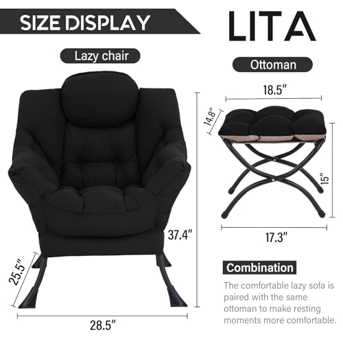 Lazy Chair with Ottoman, Comfy Accent Reading Chair, Black | Foldable Footrest,Removable Cover,with Armrests and Side Pockets,Upholstered Lounge Chair for Bedroom,Dorm,Office,Small Space - color: Black