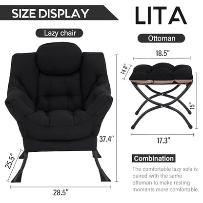 Lazy Chair with Ottoman, Comfy Accent Reading Chair, Black | Foldable Footrest,Removable Cover,with Armrests and Side Pockets,Upholstered Lounge Chair for Bedroom,Dorm,Office,Small Space - color: Black