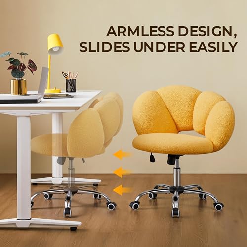 Yaheetech Yellow Petal Boucle Makeup Vanity Desk Chair with Wheels, Swivel | Soft foam-padded boucle fabric fits vanity, bedroom, office or sewing desks; adjustable height, swivel wheels, fast assembly. - color: Yellow