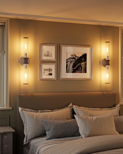 Rayogale Nickel & Walnut Wireless Battery Operated Wall Sconces with Remote | Glass Rechargeable Wall Lights Set of 2 with Timer Function Dimmable for Living Room Bedroom Emergency 3000K, 20.5 Inch - color: Nickel & Walnut(Clear Tubular Lampshade)