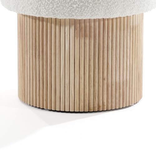 LuxenHome 15.5" Small Storage Ottoman with Padded Seat and Fluted Wood Base | Upholstered Footstool, Hidden Storage, Ivory Padded Seat, Fluted Wood Base, Vanity Stool, Small Footrest Stool