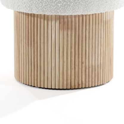 LuxenHome 15.5" Small Storage Ottoman with Padded Seat and Fluted Wood Base | Upholstered Footstool, Hidden Storage, Ivory Padded Seat, Fluted Wood Base, Vanity Stool, Small Footrest Stool