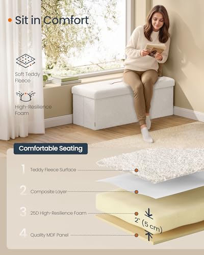SONGMICS Large Folding Storage Ottoman Bench, 15 x 43 x 15 Inches | Foot Rest Stool, Load up to 660 lb, Cream White and Ink Black, MINOTA Collection ULSF097W01 - color: Cream White, size: 15"D x 43"W x 15"H, style: Rectangle