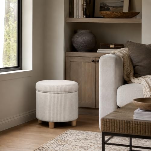 HomePop 19" Round Storage Ottoman - White Woven Stripe - color: White Woven Stripe