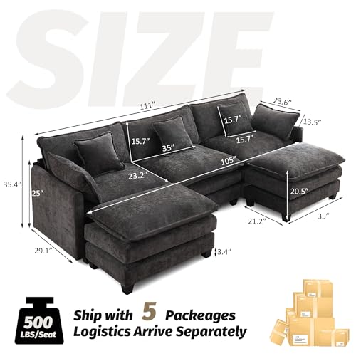 111'' Sectional Cloud Deep Seat Couch, Oversized Chenille U Shaped Sectional Sofa for Living Room Set, Comfy Upholstered Modular 5-Seats Sectional Sofa Couch with 2 Movable Ottoman, Dark Grey - color: Dark Grey, size: 111'' U Shape