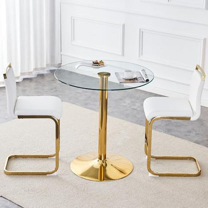 3-Piece Round Bar Table Set,Counter Height Dining Table Set,35" Tempered Glass Pub Table and White Chairs,Round Gold bar Table Set for 2 for Small Spaces,Bistro,Kitchen,Cafe(36" H - color: Gold&white