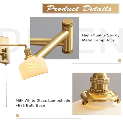 Swing Arm Wall Sconce 2-Pack, Brass Milk Glass Shade, 17.7" | Pull chain, E26 base, bedside vanity bathroom, mid century wall light - color: B-2Pack