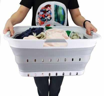 SAMMART 42L (11 gallon) Collapsible Plastic Laundry Basket - Foldable Pop Up Storage Container/Organizer - Space Saving Hamper/Basket (1, White/Grey) - color: White/Grey