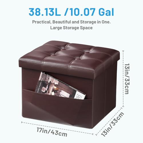 Bsketa Storage Ottoman Bench,17 Inch Folding Leather Foot Rest Stool, Brown | Small Ottoman with Side Pockets, Thicker Foam Padded Seat, Livingroom, Dorm, Bedroom, Easy to install, 43L,17x13x13in - color: Brown-with Side Pockets.