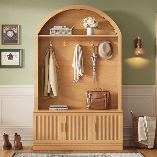 Farmhouse Fabric Arched Top Hall Tree with Wood Grain Finish, All-in-One Mudroom Furniture with Adjustable Shelves, Open Shelf, 5 Metal Hooks, Fluted Door Entryway Bench for Hallway (Natural-42) - color: Natural-42
