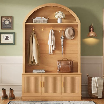 Farmhouse Fabric Arched Top Hall Tree with Wood Grain Finish, All-in-One Mudroom Furniture with Adjustable Shelves, Open Shelf, 5 Metal Hooks, Fluted Door Entryway Bench for Hallway (Natural-42) - color: Natural-42