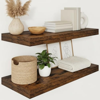Vivelove 12 Deep Floating Shelves 30x12” Set of 2, Rustic Brown | Easy Install With Hardware, 2" Thick, Invisible Brackets, Wall Mounted, No Sagging, For Any Room - color: Rustic Brown, size: 30”wx12”dx2”h