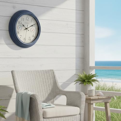 Crosstime 12 Inch Outdoor Clock Waterproof with Thermometer & Hygrometer – Silent Retro Wall Clock for Patio, Pool, Porch, Backyard, Bathroom – Blue - color: 12" Blue
