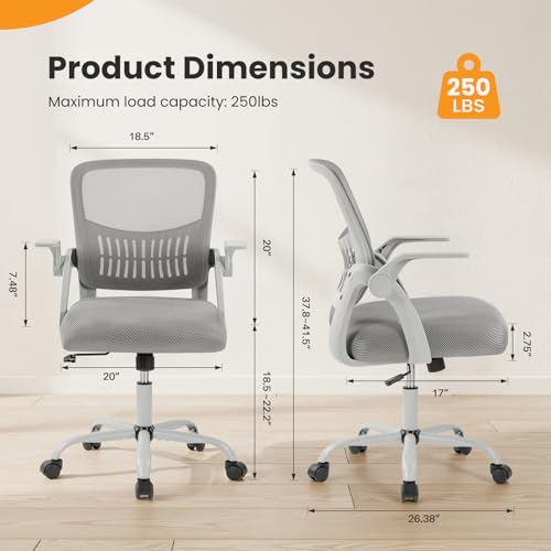 Sweetcrispy Computer Desk Chair, Home Office Chair, Lumbar Support | Flip Up Armrest, Adjustable Height, 360° Swivel Wheels, Ergonomic Mesh Mid-Back, Comfy Arms Bedroom Study - color: Grey, size: 23.22 Inch