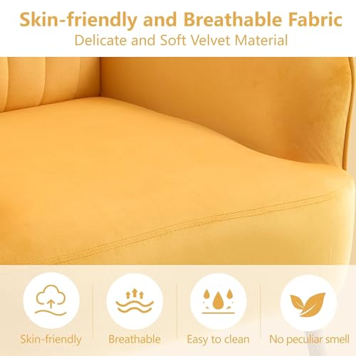 GDFStudio 25" Velvet Accent Chair with Arms and Back, Modern Shell-Shaped Upholstered Barrel Chairs, Small Comfy Reading Chair Lounge Chairs with Solid Legs for Living Room Bedroom Office Cafe, Yellow - color: Yellow