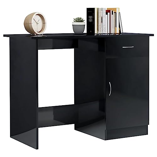 Writing Desk High Gloss Black 39.4 Inch Modern Computer Desk with Drawer, Engineered Wood Study Table for Home Office, Bedroom and Small Space, 39.4x19.7x29.9 in - color: Black, size: 39.4 x 19.7 x 29.9 in