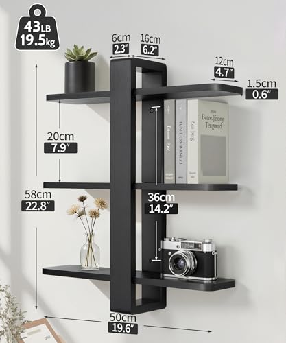 SUMGAR Black Floating Shelves for Wall, 3 Tier Adjustable Large Shelf Unit | 20 Inch All Pine Wood, Decorative Shleving, Plants Photos Display, for Living Room, Bedroom, Office, Bathroom - color: Black
