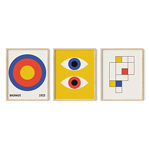 HAUS AND HUES Bauhaus Poster Art - Set of 3 Modern Abstract Wall Art, Vintage Posters and Prints, Frameable Blue Yellow Wall Art, Colorful Art, Geometric Wall Shapes (Beige Frame, 16x20) - color: Bauhaus, size: 16"L x 20"W, style: Beige Framed