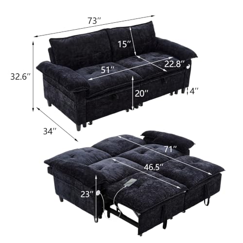 73" Plush Velvet Convertible Loveseat Sleeper Sofa Bed, Loveseat Convertible with Hidden Mattress, Sofa Bed Couch Simple Assembly for Small Apartment and Guest Space, Black - color: Black