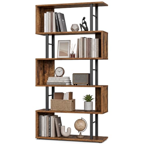 VASAGLE 6-Tier Bookshelf, S-Shaped Wood and Metal Bookcase, Tall Narrow Display Shelf, 23.6 x 9.4 x 62.6 in, for Living Room Storage, Rustic Brown and Matte Black, Barnet Collection ULLS182KD01 - color: Rustic Brown, style: 6-Tier (23.6"W)